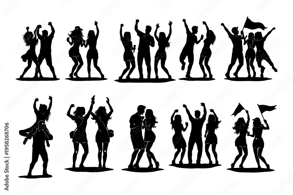 Fototapeta premium Silhouette of diverse young adults celebrating with flags and dancing.