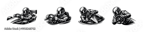 Racing drivers in various vehicles silhouette, vector illustration, black and white