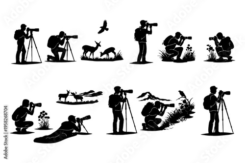 Silhouette wildlife photographers capturing nature with cameras and tripods.
