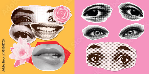 Halftone Eye and Lips Collage Elements Dotted Pop Art Cutout Vector Set