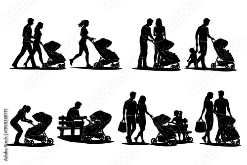 Silhouettes of diverse families with strollers in various activities.