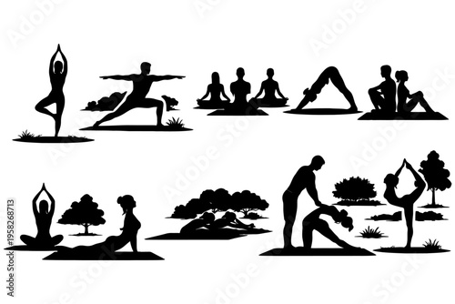 Silhouettes practicing yoga outdoors: diverse poses and partner exercises in nature.