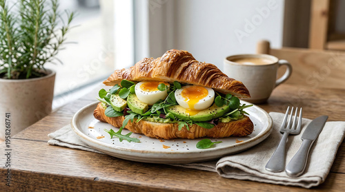 A freshly prepared croissant sandwich filled with creamy avocado, soft boiled eggs with runny yolks, and fresh greens, served on a rustic wooden table with coffee in the background. The scene captures