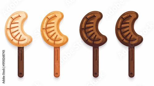 Four cashew-shaped candies on sticks, ranging from light beige to dark brown