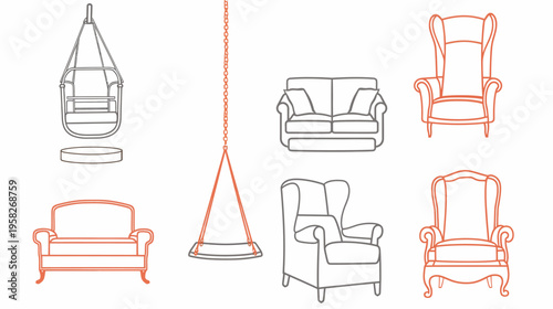Line art illustration of chairs and swings in gray and orange on white background