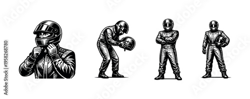 Vector illustration of racing drivers in protective gear black and white silhouette style