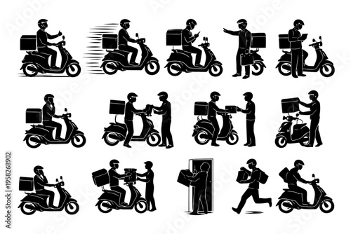 Silhouette illustrations of delivery people on scooters in various actions.
