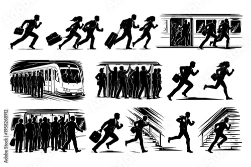 Dynamic black and white illustrations of people commuting and rushing to catch trains.