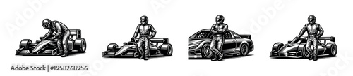 Race car driver and vehicle illustrations, silhouette style, black and white vector art