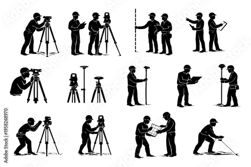 Silhouette illustrations of surveyors at work with equipment.