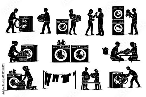 Silhouettes of people engaging in laundry chores and activities.