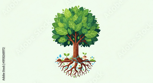 Tree with green leaves and roots growing symbolizing growth and nature's resilience on a light background