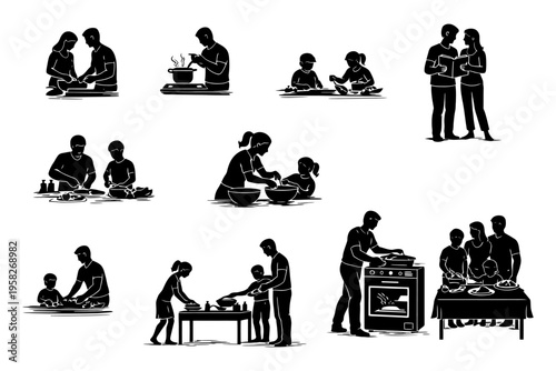 Silhouette illustrations of family cooking together at home.