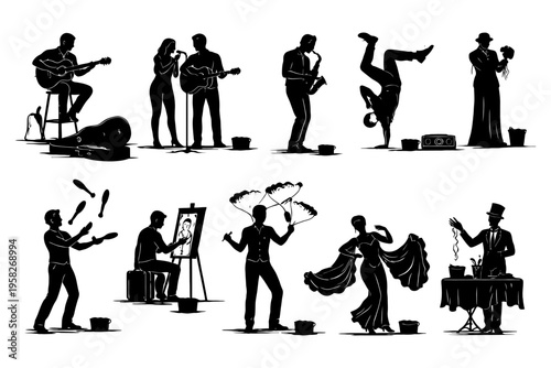 Diverse street performers silhouettes showcasing music, dance, and juggling skills.