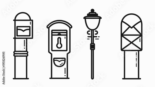 Four minimalist black outline illustrations of bollards and a lamp post on white