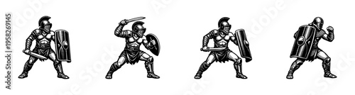 Black and white gladiator warriors, vector illustration, silhouette, historical battle scene