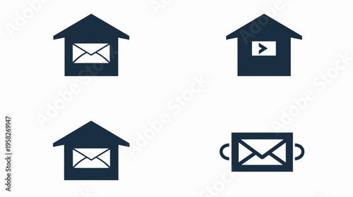 Four different mail icons in dark blue, two are house-shaped and show envelopes