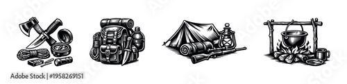 Outdoor adventure equipment black and white vector illustration featuring camping gear
