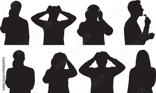 Collection of people silhouettes performing daily routines and personal care actions
