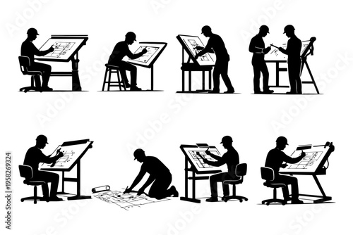 Silhouettes of male draftsmen at work with architectural blueprints.