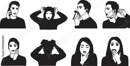 Collection of people silhouettes performing daily routines and personal care actions
