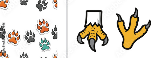 Vector graphic comparing tracks: the left shows a scattered pattern of orange, grey, and teal paw prints; the right features two detailed yellow bird talons, one with a feathered leg base.