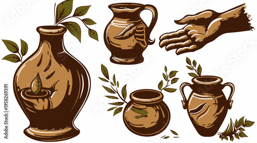Assorted brown pottery, vases, and a hand with green leafy branches isolated