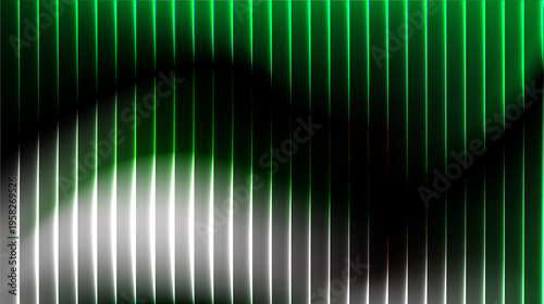 Abstract Futuristic Background with Glowing Green and White Vertical Lines and Dark Wavy Shapes
