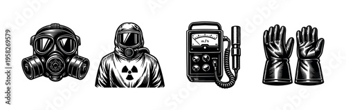 Set of black and white vector illustrations of gas mask, hazmat suit, geiger counter, and gloves