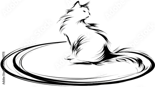 A stylized ink drawing of a cat sitting on an oval, with long fur and looking to the side
