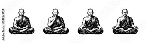 Meditation postures of monks, black and white vector illustration, silhouette elements