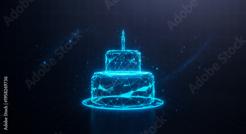 A high-tech digital wedding cake with glowing blue circuit patterns, futuristic design, and holographic effects set against a starry space background.