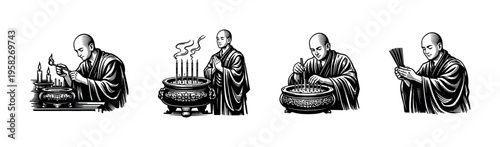 Monks lighting candles and offering incense stick illustrations in black and white vector style