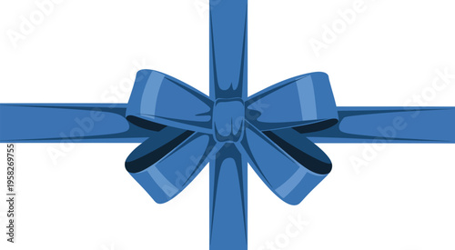 Blue ribbon bow gift decoration, striped horizontal and vertical pattern, elegant wrapping element, festive celebration design, clean vector illustration.