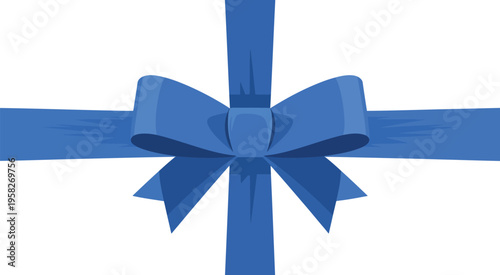 Blue ribbon bow gift decoration, striped horizontal and vertical pattern, elegant wrapping element, festive celebration design, clean vector illustration.