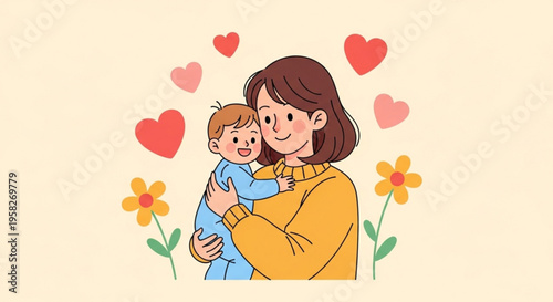 Mother tenderly hugging her baby surrounded by hearts and flowers on a soft background
