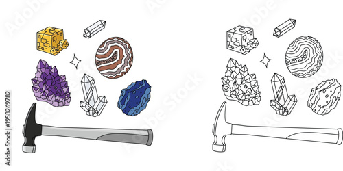 Geology collection with different crystals, gemstones, and a hammer vector illustration with coloring page version