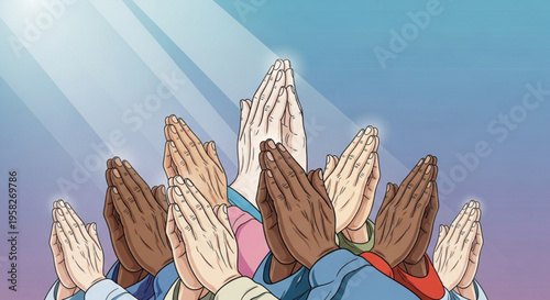 Diverse group of people with hands clasped in prayer or celebration under radiant sunlight