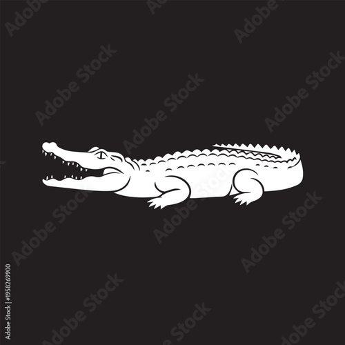 Minimalist black and white crocodile line art icon isolated on white background