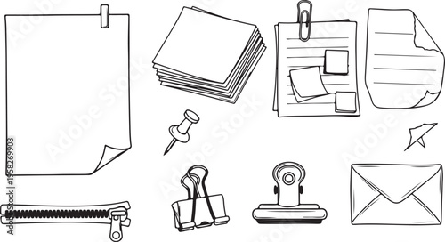 Collection of hand drawn office stationery icons and paper scraps isolated on white
