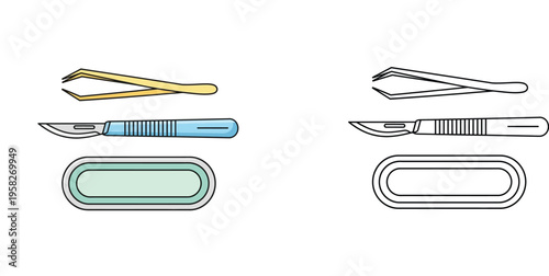 Medical dissection tools including scalpel and tweezers vector illustration with coloring page version