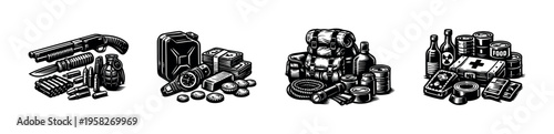 Survival gear vector set with shotgun backpack canned goods and first aid kit illustration