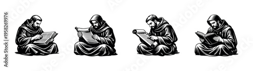 Monks reading and writing, black and white vector silhouette illustrations