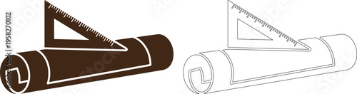 Black blueprint roll silhouettes with triangle rulers