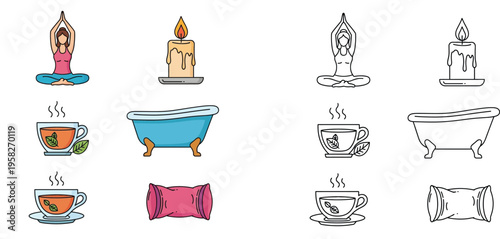 Wellness and self-care icons set including yoga, tea, and bath accessories vector illustration with coloring page version