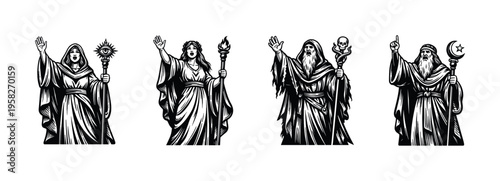 Black and white vector illustration of mystical figures with torches and robes in silhouette
