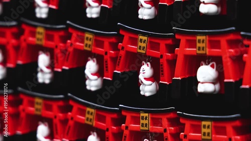 Traditional Japanese tourist souvenirs and gifts from Kyoto, Kansai, Japan, with daruma figures, kitsune fox, tengu mask, fridge magnets, toys figurines, key ring keychain, in a local vendor gift shop