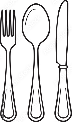 Minimalist black and white cutlery icon set fork knife spoon isolated outline