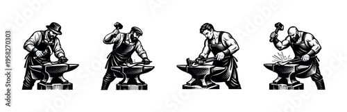 Black and white vector illustration of blacksmiths working on anvils silhouette style