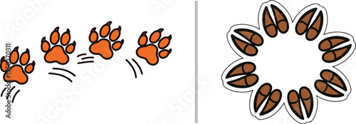 Vector illustration featuring a circular wreath of colorful paw prints on the left and a trail of four blue animal footprints leading diagonally upward on the right.